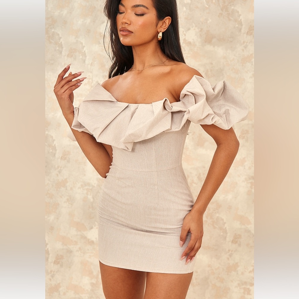 Stone Linen Look Bardot Frill Detail Bodycon Dress